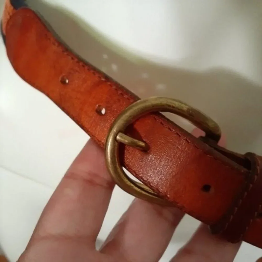 leather belt 32 34 36 womens waist cotton navy blue preppy vintage brass buckle